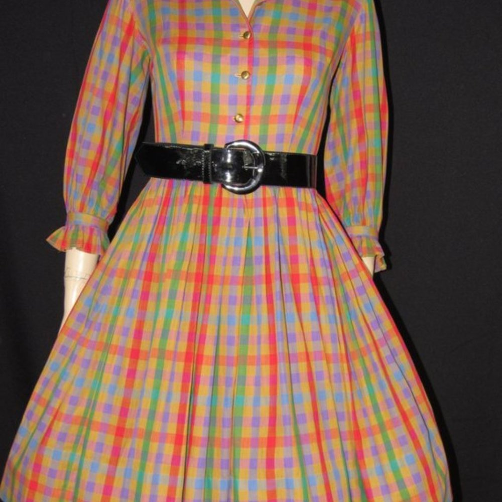Vintage 50s Checkered Plaid School Girl Dress S - Picture 3 of 10